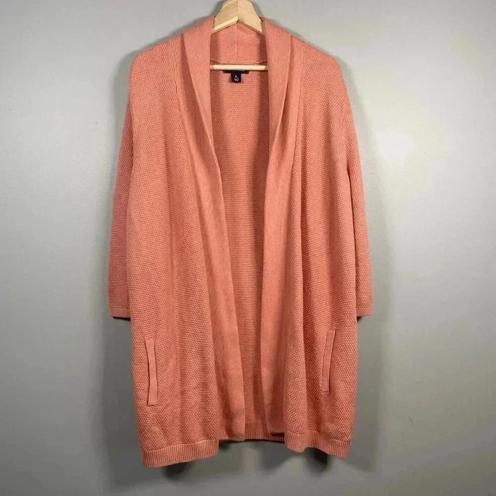 Lands End Sweater Coral Open Front Casual Beach Cozy Cardigan Lagenlook Size L